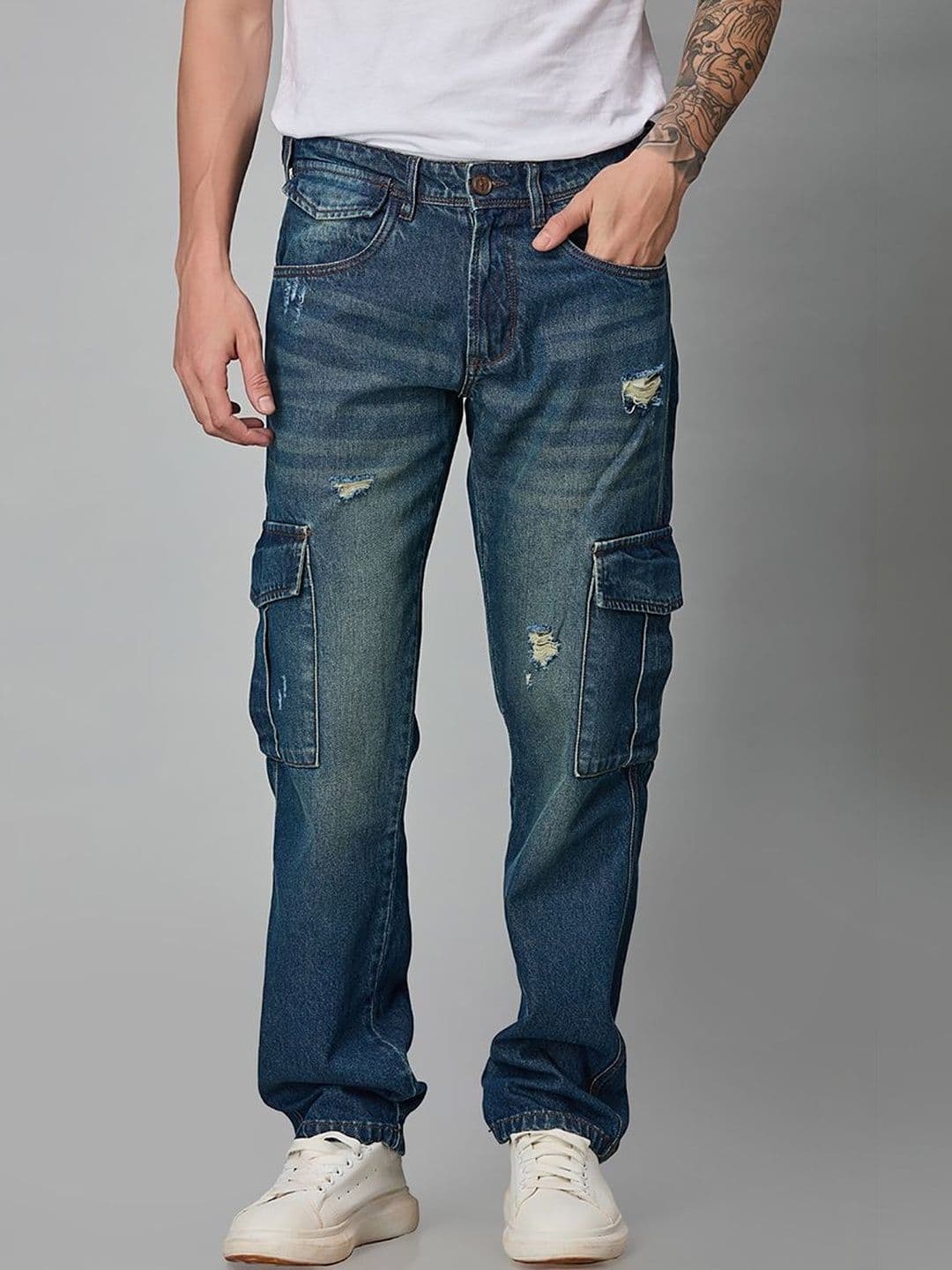 Klub Fox Men Straight Fit Mid-Rise Mildly Distressed Light Fade Jeans - view 1