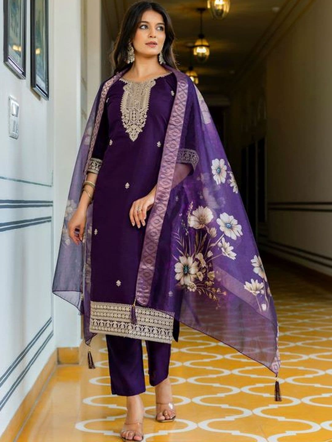 SATANI ENTERPRISE Women Ethnic Motifs Embroidered Regular Thread Work Kurta with Trousers & With Dupatta - view 1