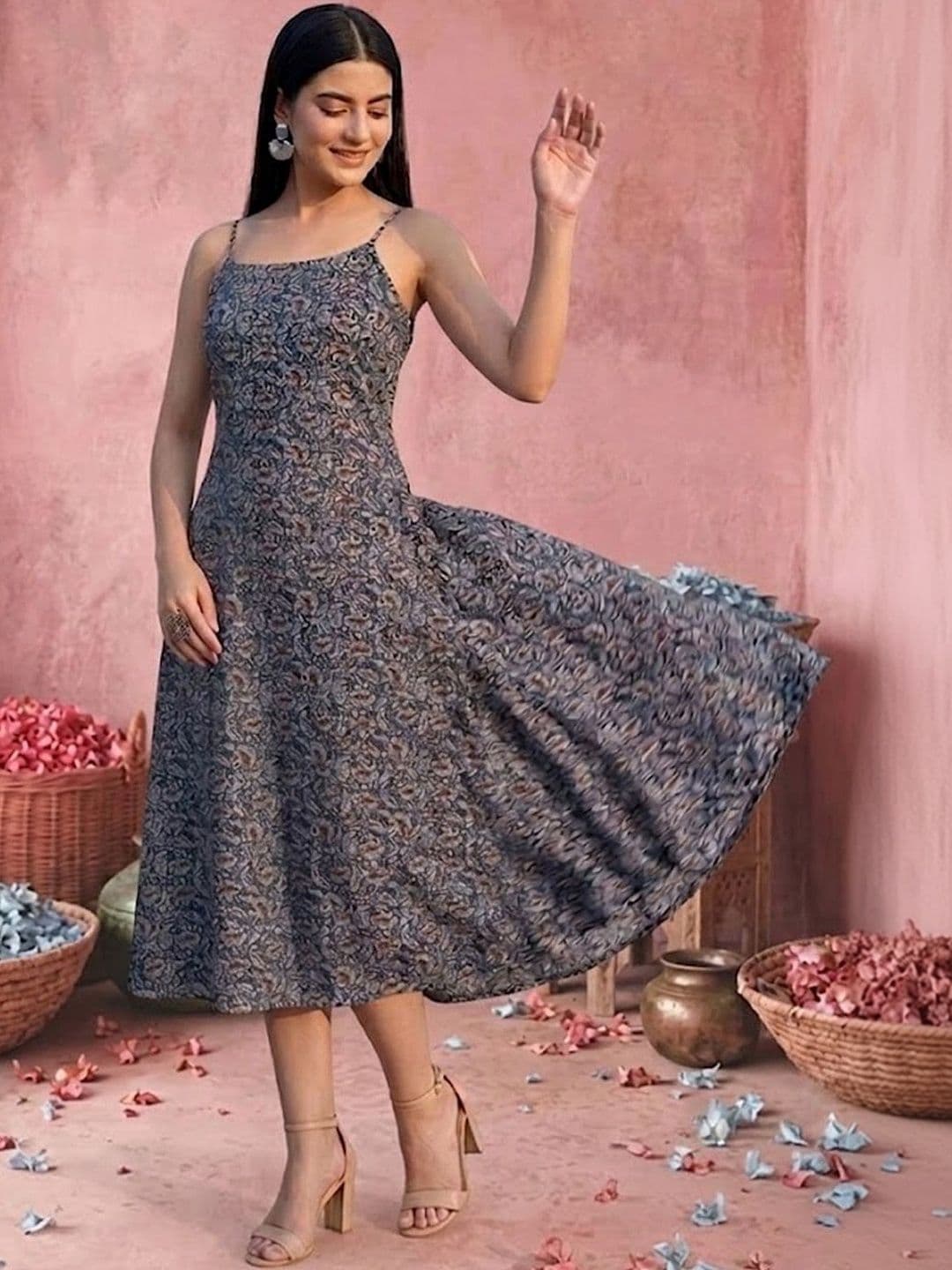 Sangria Printed Round Neck A-Line Ethnic Dress - view 1