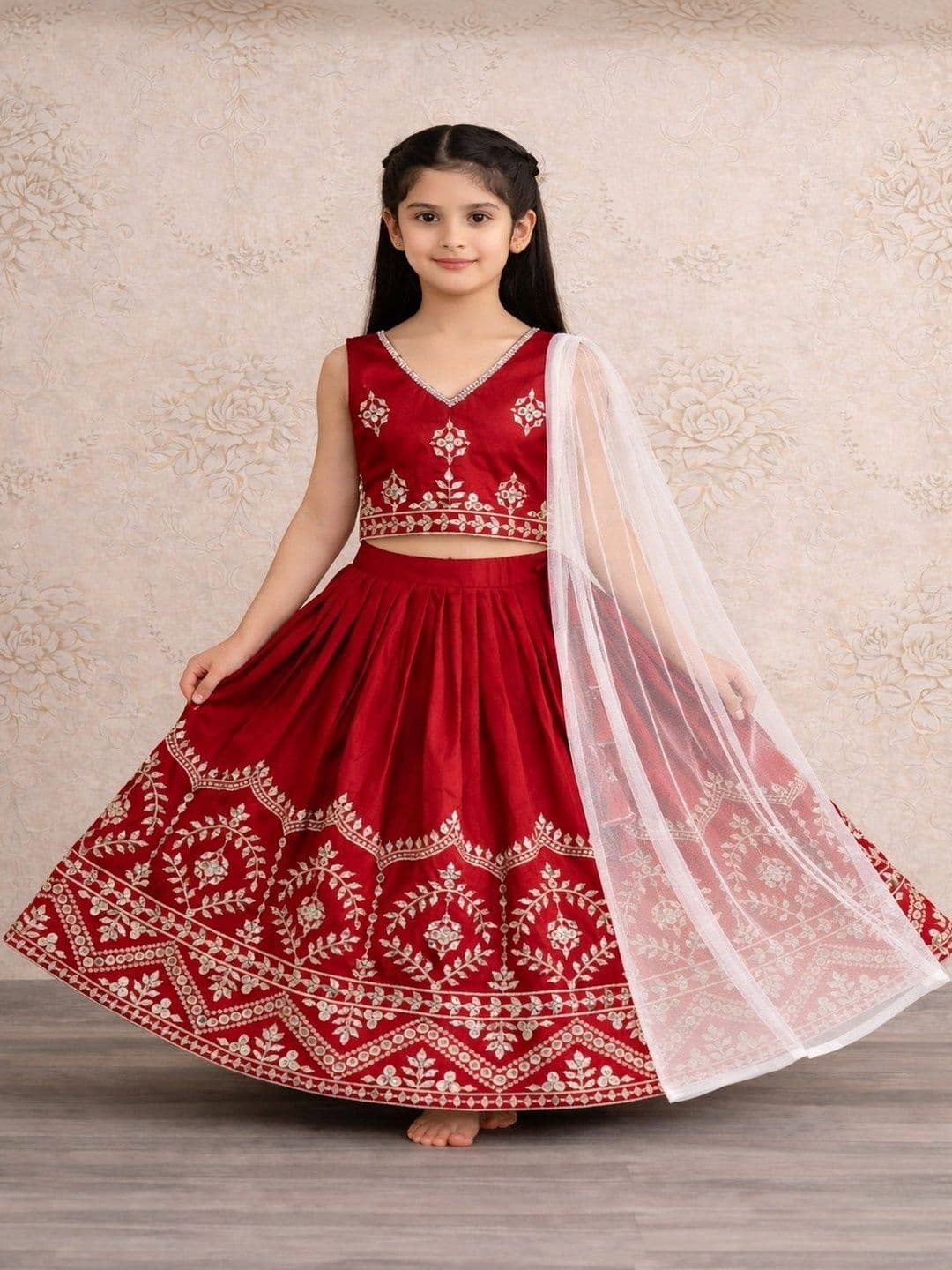 Helene Girls Embroidered Mirror Work Ready to Wear Lehenga & Blouse With Dupatta - view 1