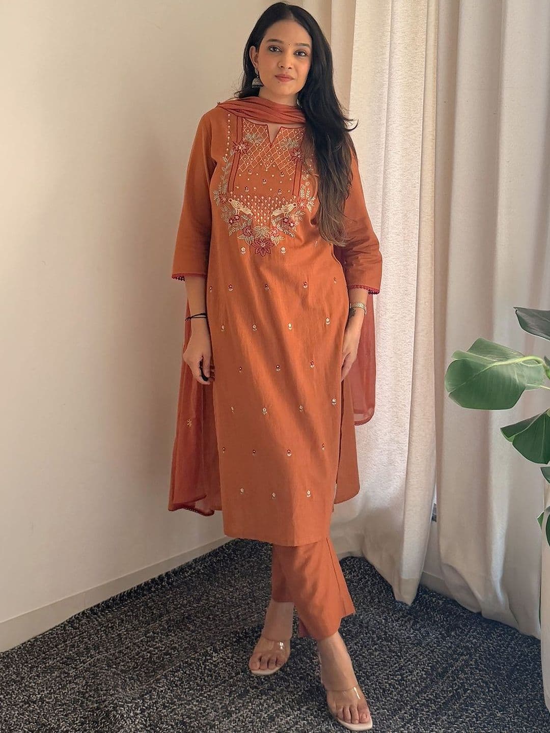 Janasya Women Embroidered Regular Gotta Patti Pure Cotton Kurta with Trousers & With Dupatta - view 1