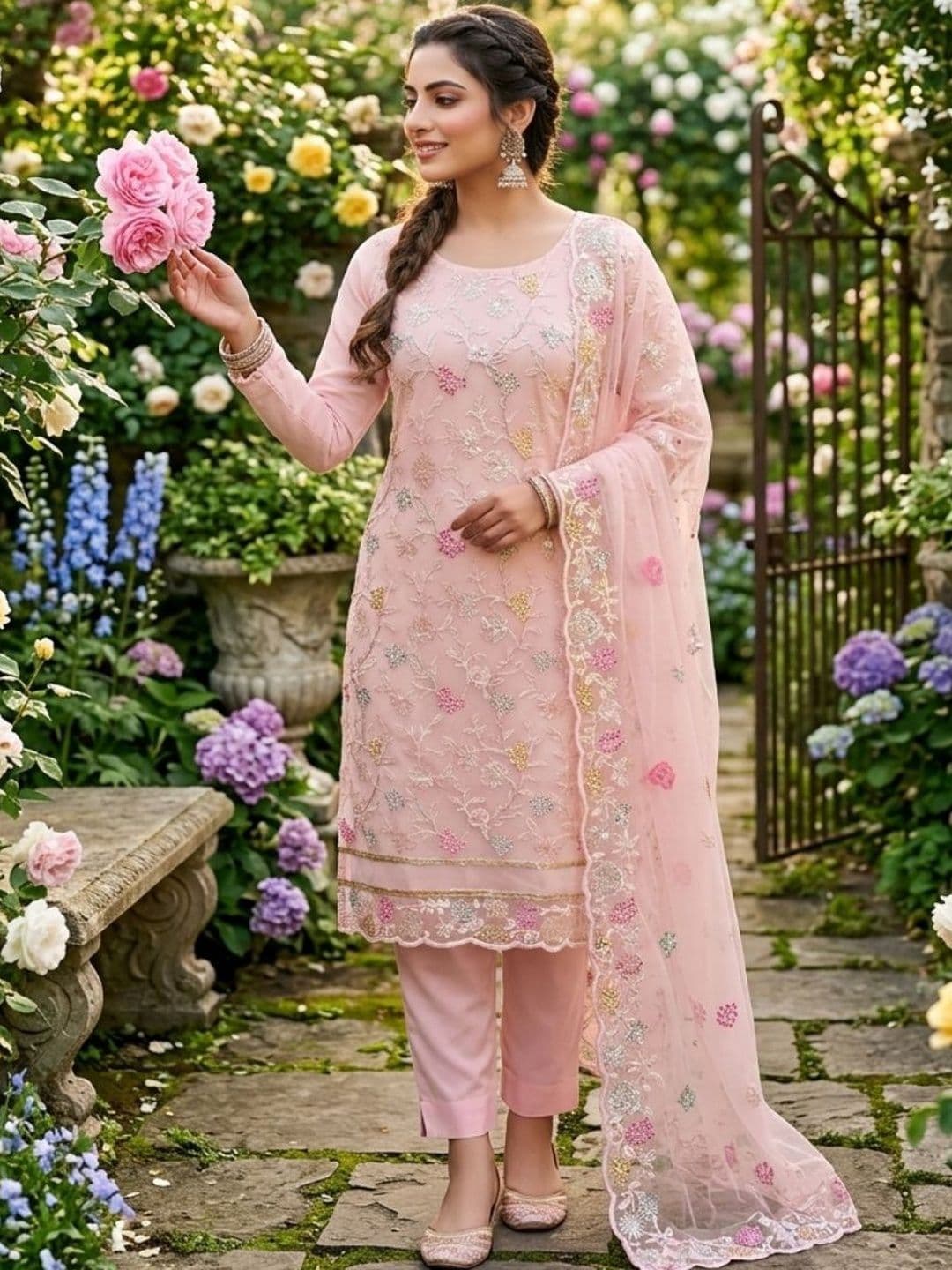 F 13 STUDIO Embroidered Organza Unstitched Dress Material - view 1