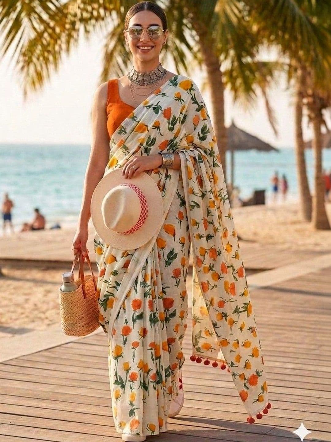 Silkena Floral Linen Blend Saree - view 1