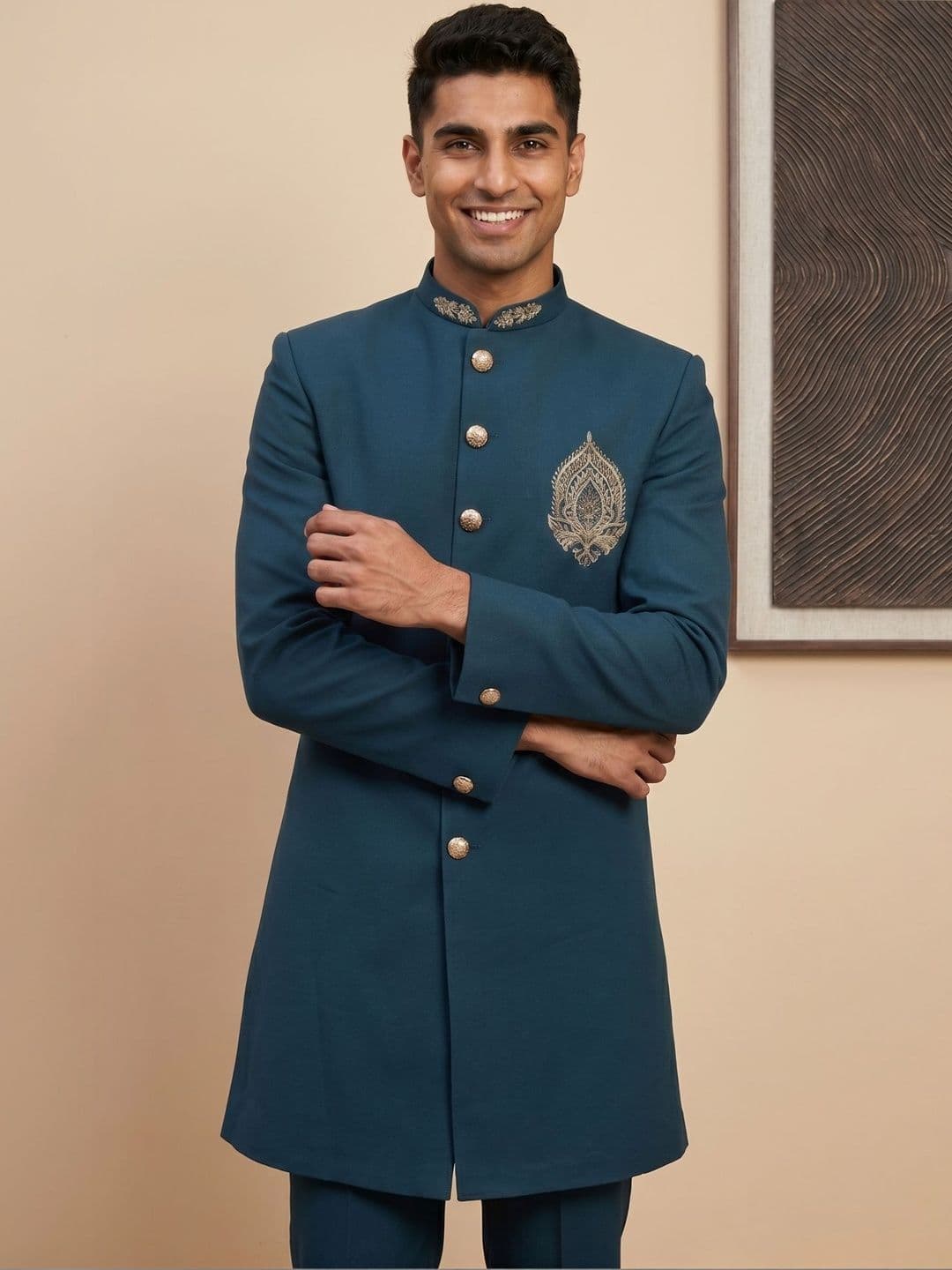 House of Pataudi Embroidered Mandarin Collar Sherwani