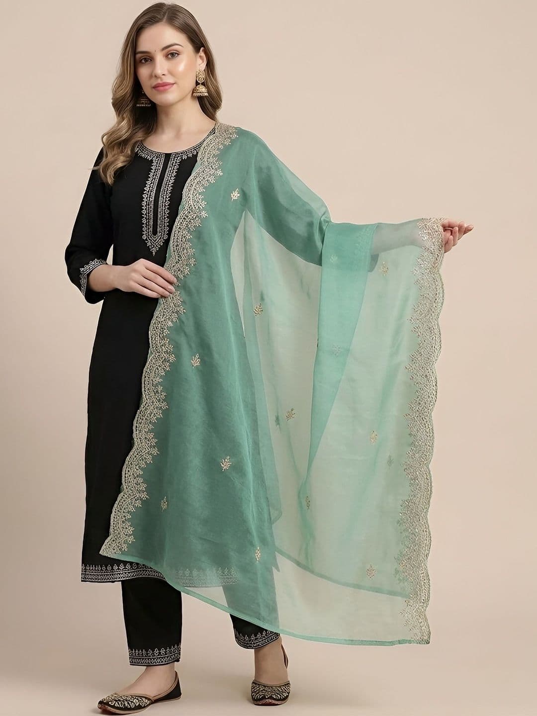 MUFFLY Ethnic Motifs Embroidered Organza Dupatta with Thread Work - view 1