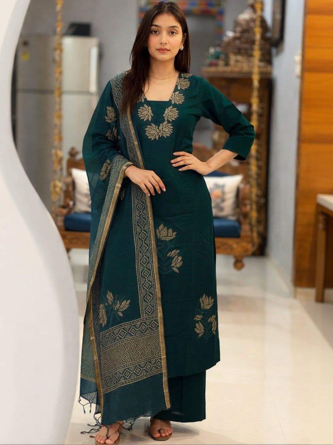 NARI DREAM Women Ethnic Motifs Printed Regular Thread Work Kurta with Palazzos & With Dupatta - view 1