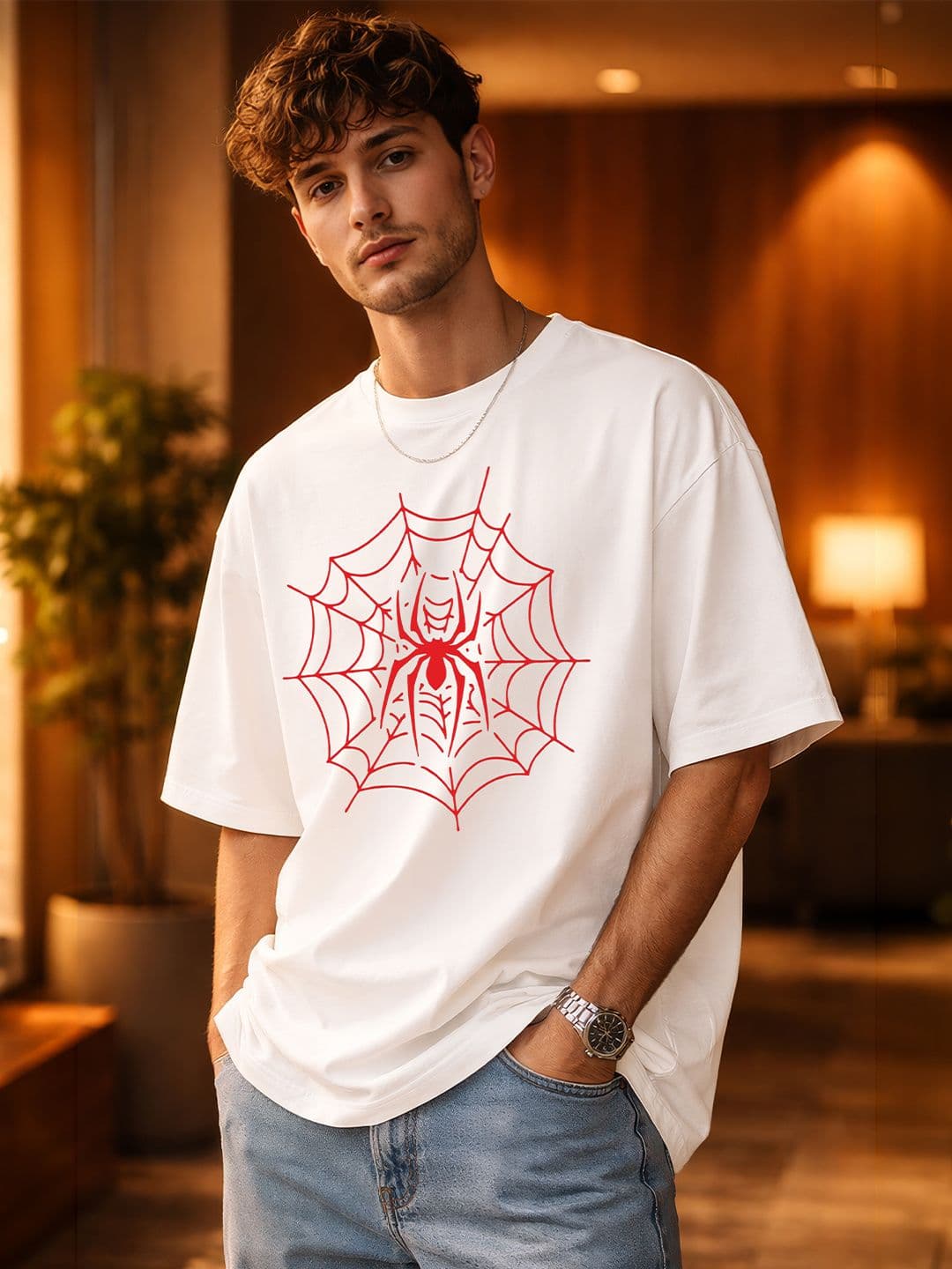 BENNY BROOKS Men White Round Neck Half Sleeve Oversized Tshirt - view 1