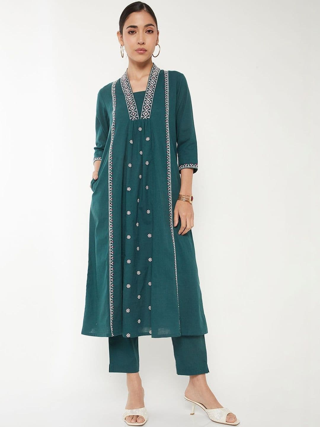 max Women Ethnic Motifs Embroidered Panelled Thread Work Pure Cotton Kurta with Trousers - view 1