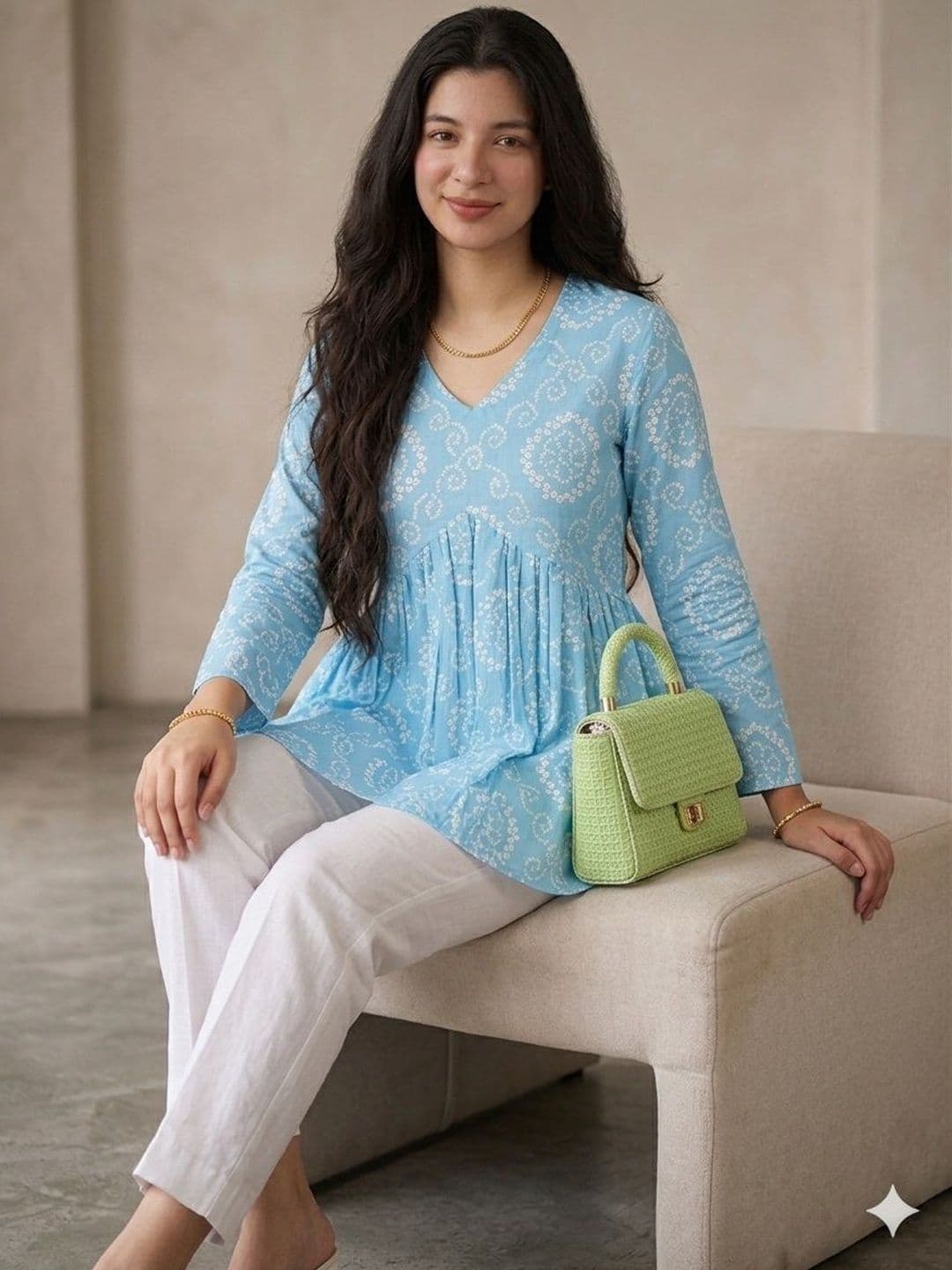 Vastrakaya Ethnic Motifs Printed V-Neck Pure Cotton Blend Empire Kurti - view 1