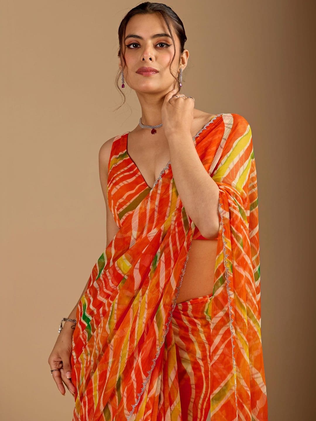 KIYAA FASHION Leheriya Beads and Stones Poly Chiffon Saree - view 1