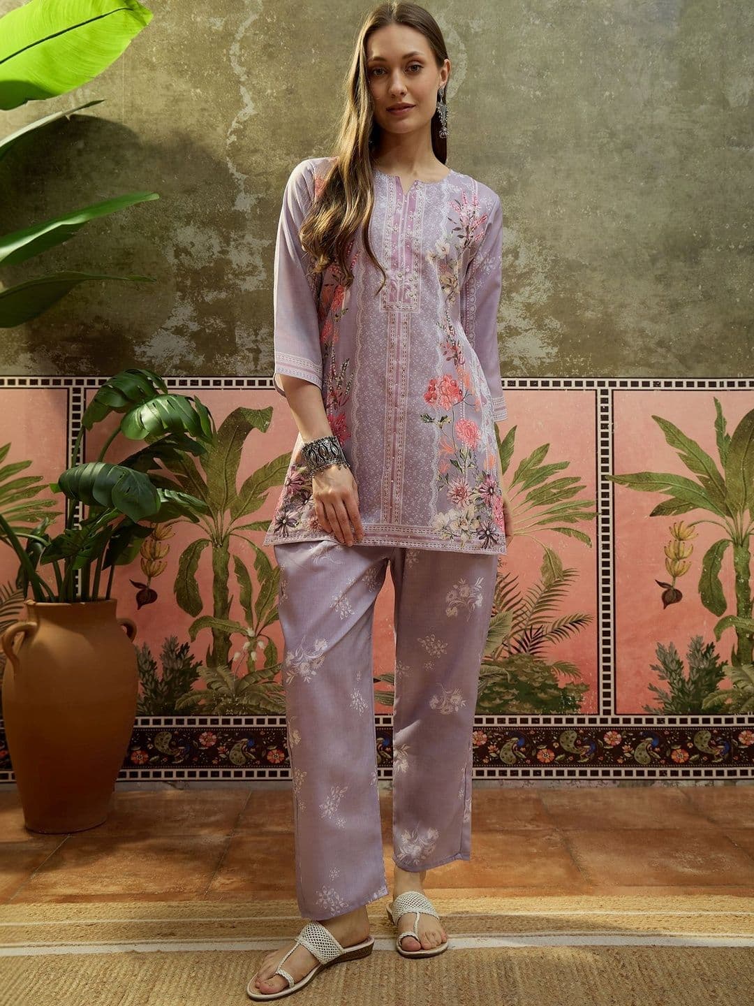 Sangria Floral Linen Printed Tunic with Trousers - view 1