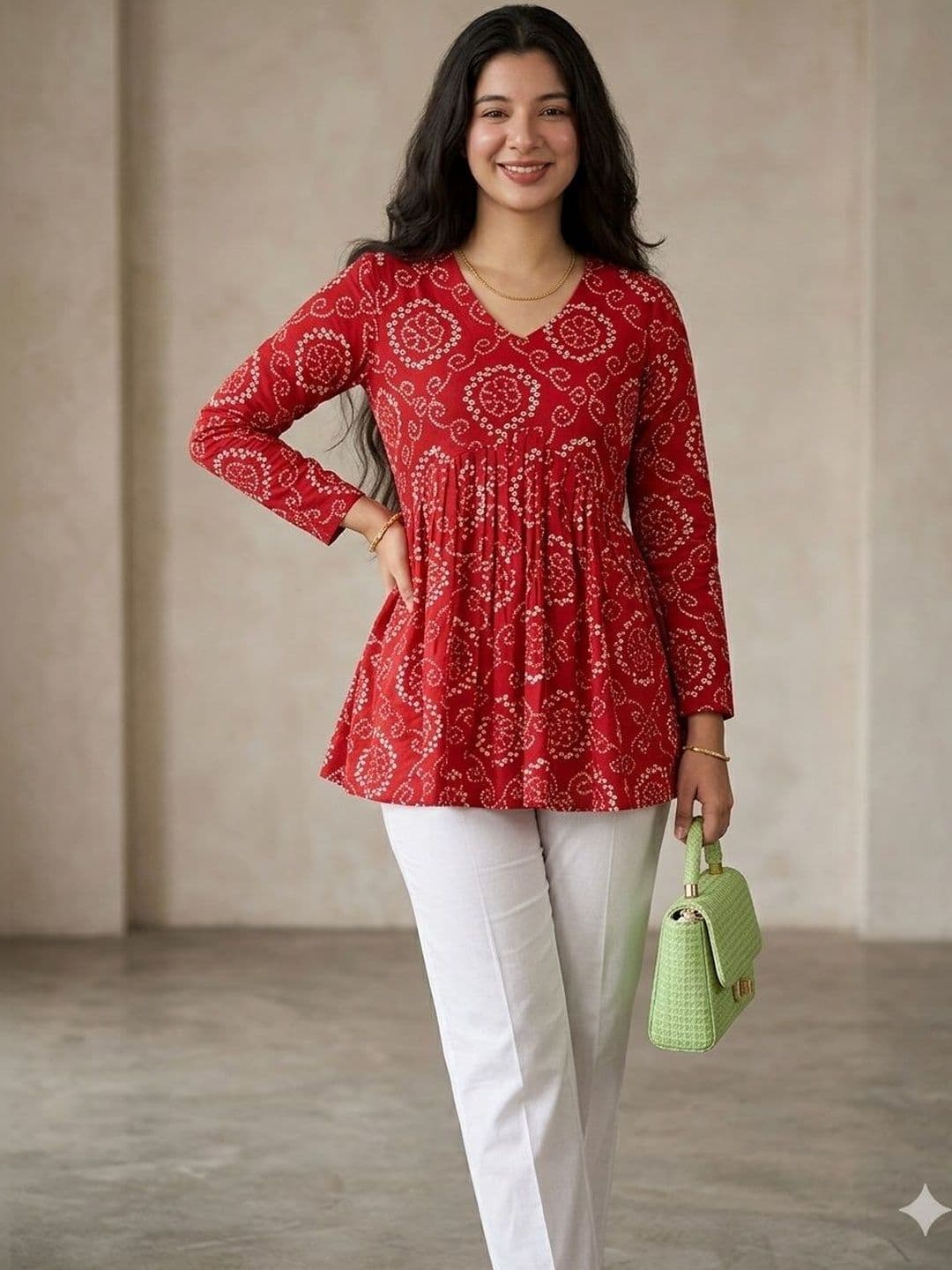 Vastrakaya Bandhani Printed V-Neck Pure Cotton Blend Kurti - view 1