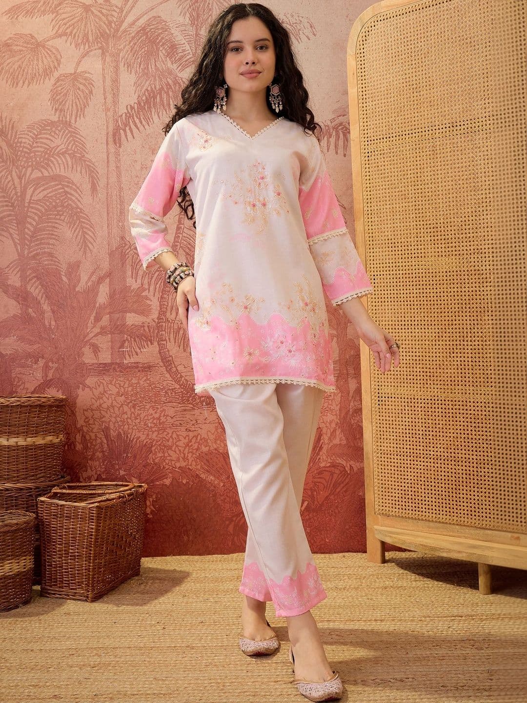 Sangria Floral Linen Printed Tunic with Trousers - view 1