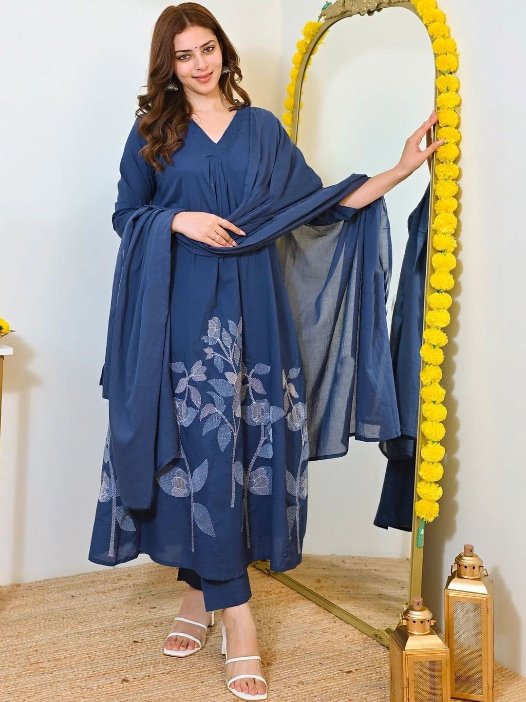 Keitra Women Floral Embroidered Tiered Thread Work Kurta with Trousers & With Dupatta - view 1