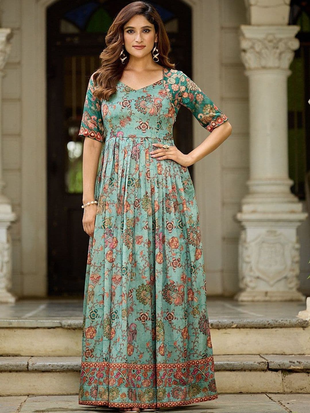 House of Pataudi Printed Sweetheart Neck Fit and Flare Ethnic Dresses - view 1