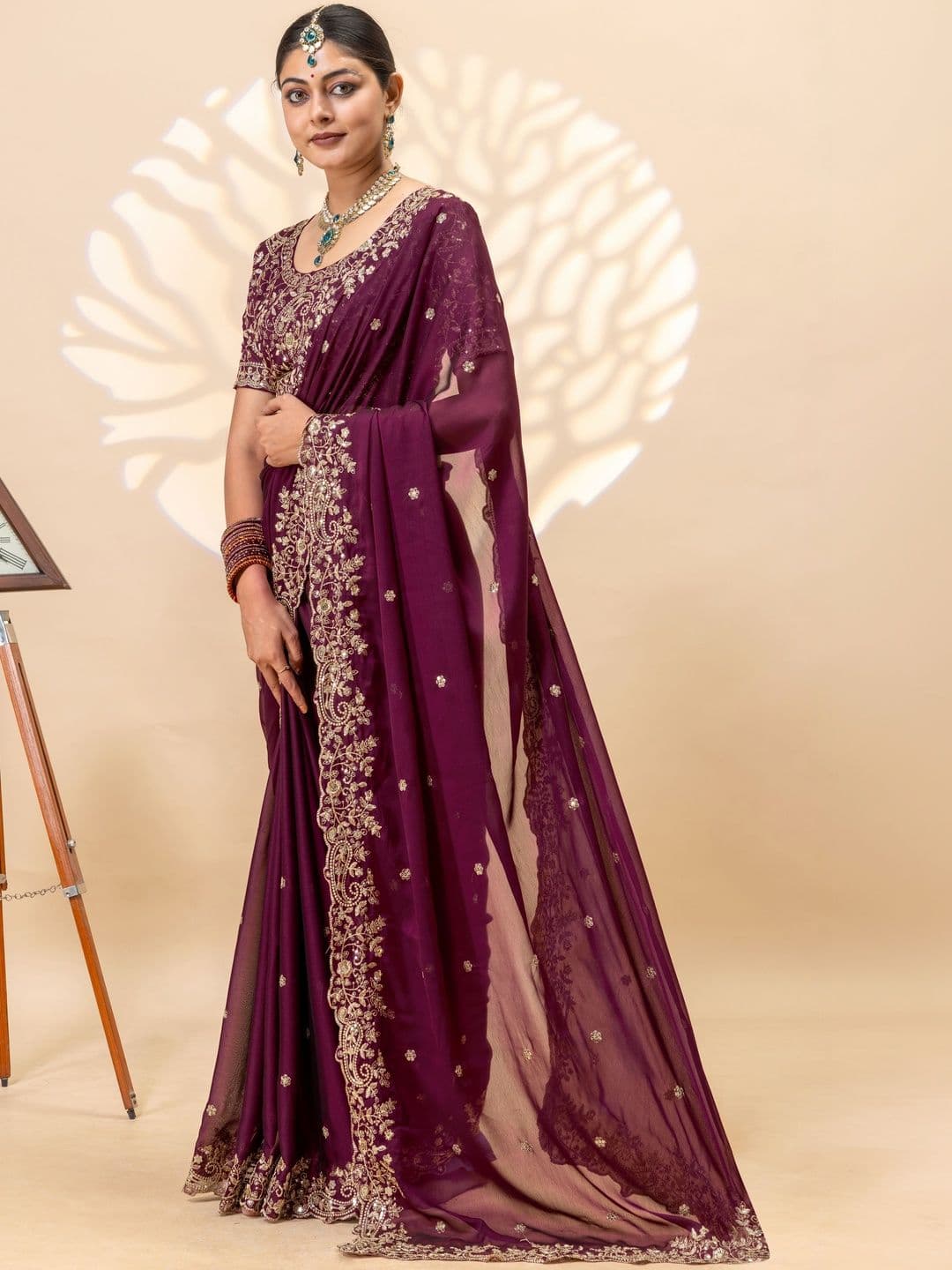 Vastra Drape Embellished Embroidered Silk Blend Heavy Work Saree - view 1
