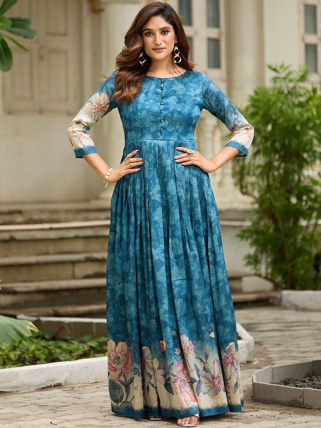 House of Pataudi Printed Round Neck Fit and Flare Ethnic Dresses - view 1