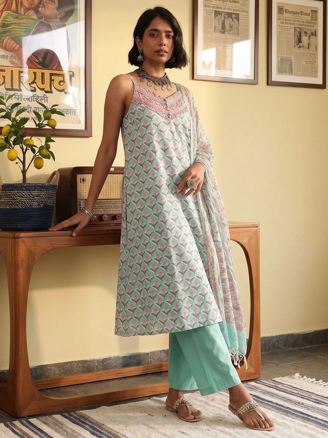 Taavi Floral Printed Pure Cotton Sanganeri Folk A-Line Kurta with Trousers & Dupatta - view 1