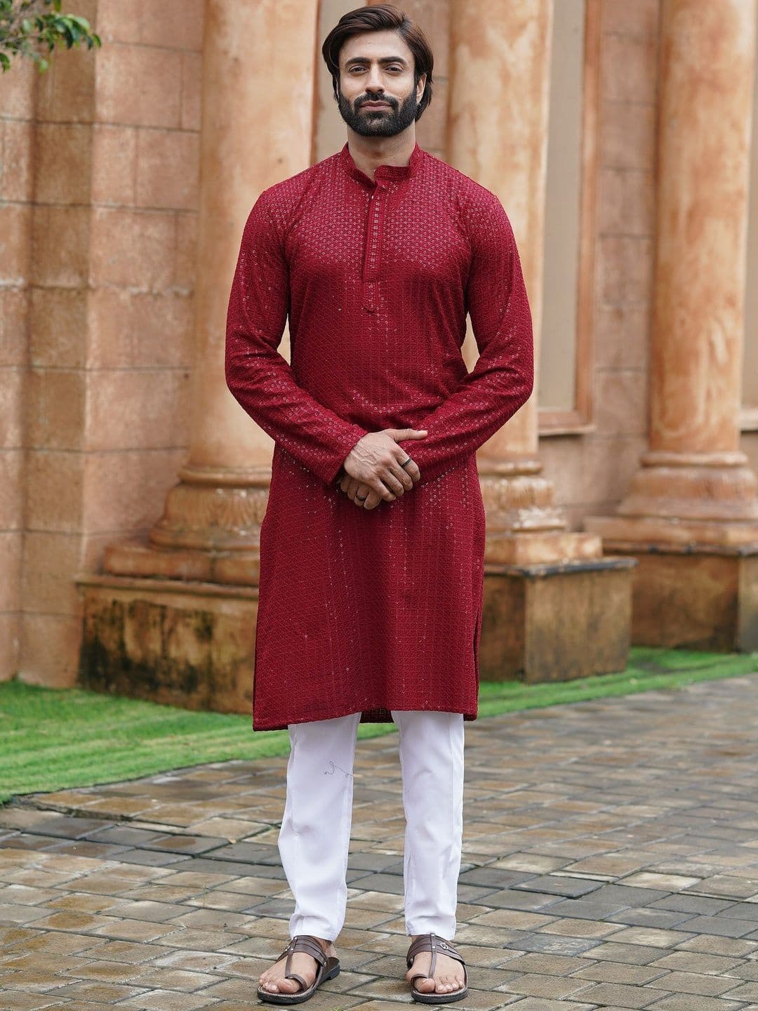 House of Pataudi Embroidered Mandarin Collar Knee Length Straight Kurtas - view 1