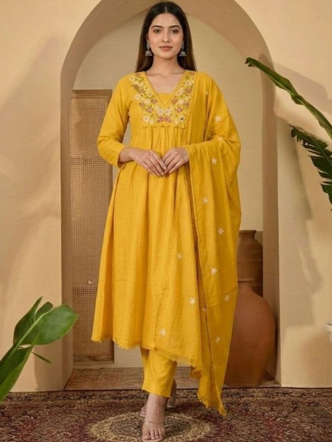 Sangria Embroidered Pure Cotton V-Neck Kurta & Trousers With Dupatta - view 1