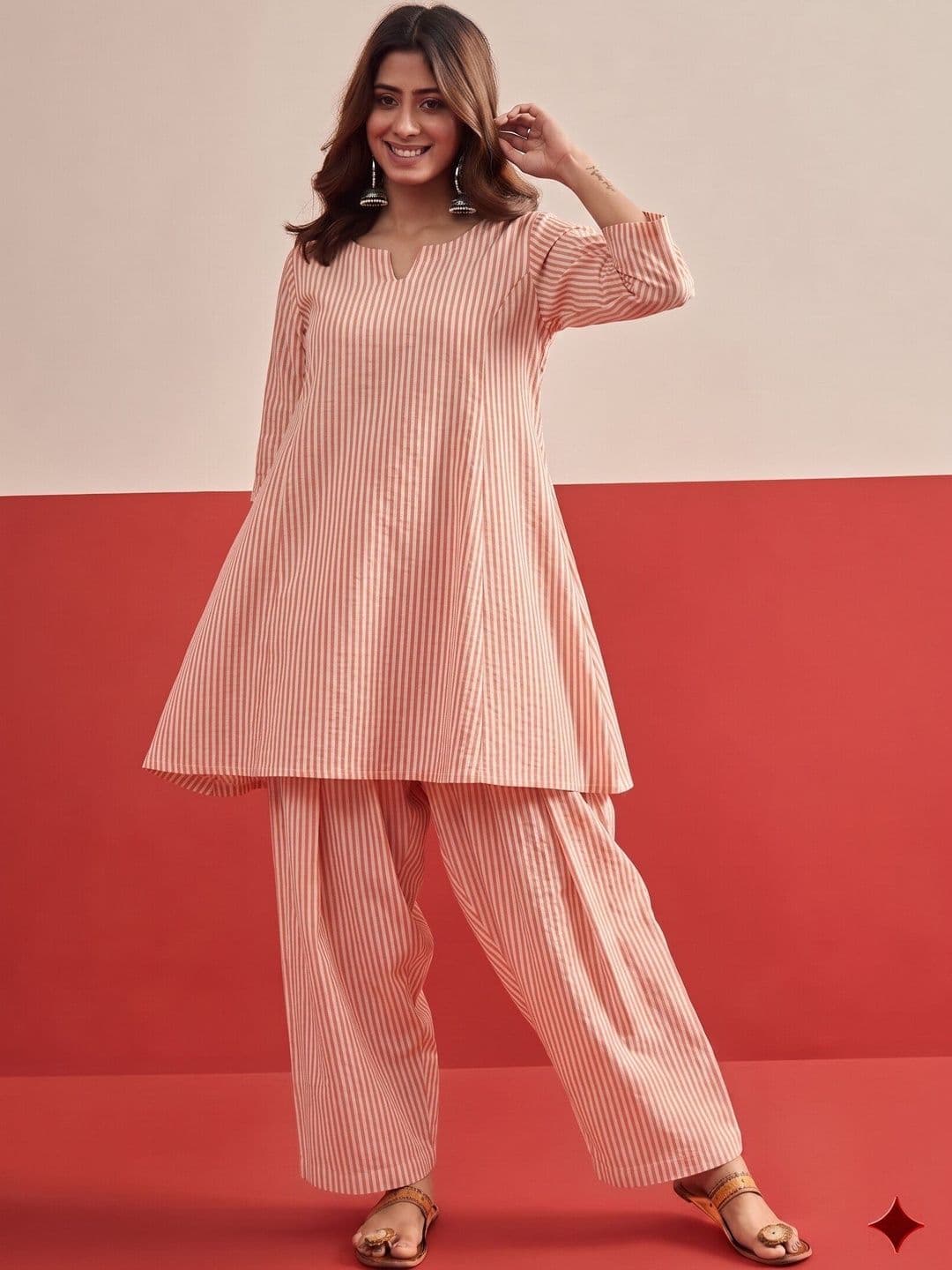 InWeave Women Striped Regular Pure Cotton Kurti with Palazzos - view 1
