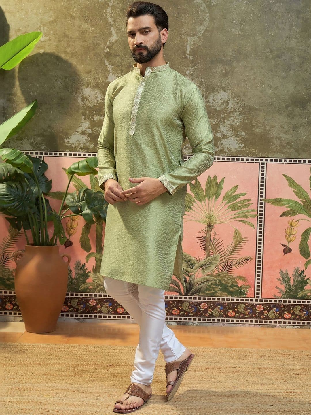 Sangria Woven Design Mandarin Collar Straight Kurta