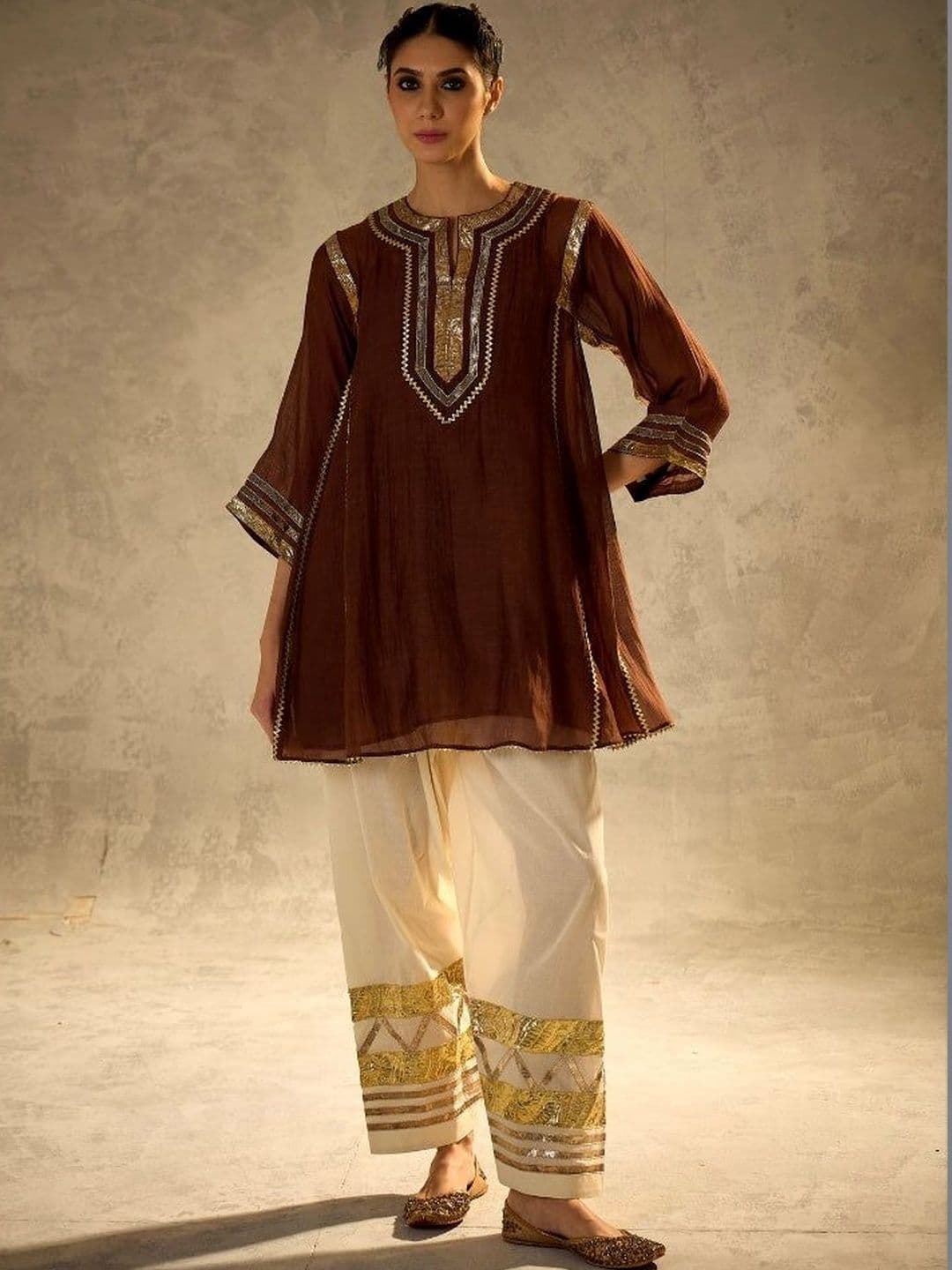 MISHRI TEX FAB Women Ethnic Motifs Yoke Design Regular Gotta Patti Chanderi Cotton Kurti with Patiala - view 1