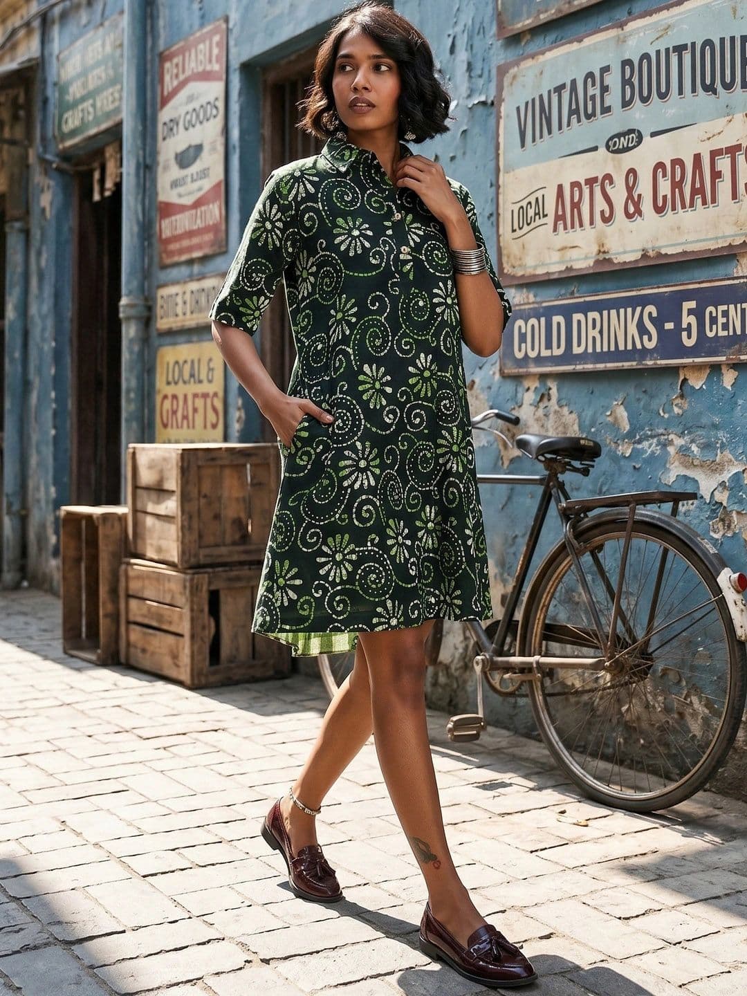 Taavi Floral Printed Shirt Collar Pure Cotton Batik A-Line Ethnic Dress - view 1