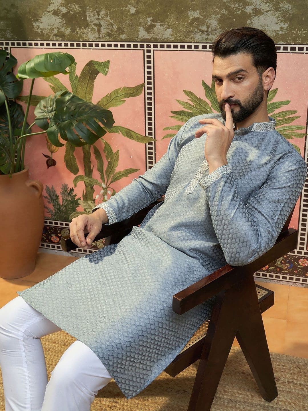 Sangria Woven Design Mandarin Collar Straight Kurta