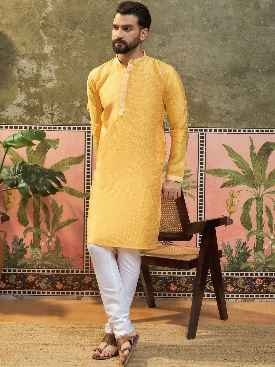 Sangria Woven Design Mandarin Collar Straight Kurta - view 1