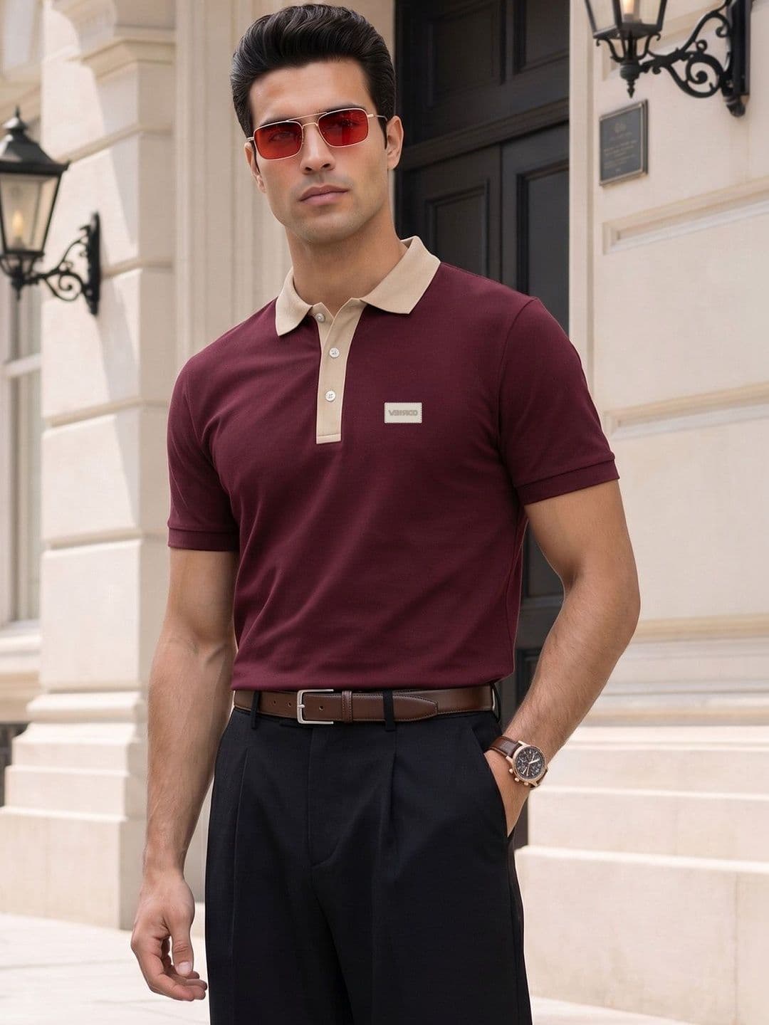VEIRDO Men Brand Logo Maroon Pique Half Sleeve Polo Tshirt Solid Collar Regular Fit T-shirt - view 1