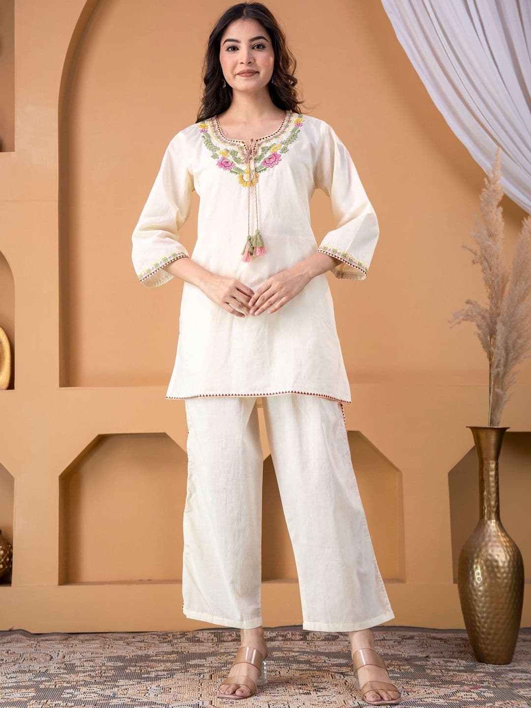 Sangria Cotton Embroidered Tunic with Palazzos - view 1