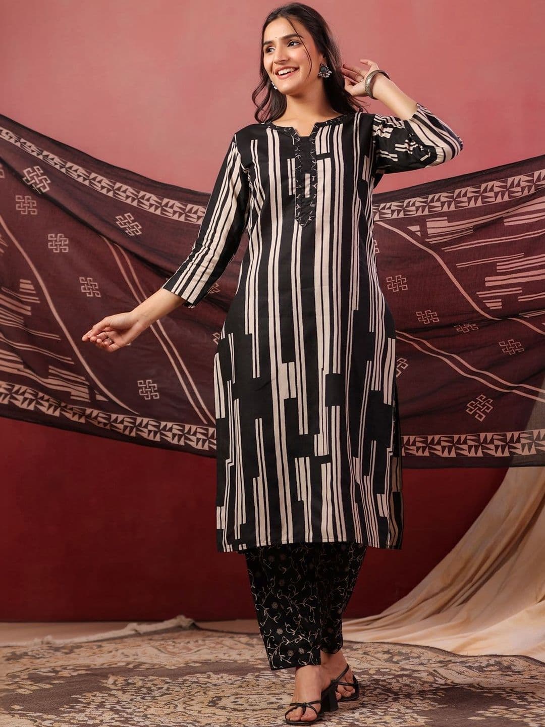 Sangria Striped Pure Cotton Round Neck Kurta & Trousers With Dupatta - view 1
