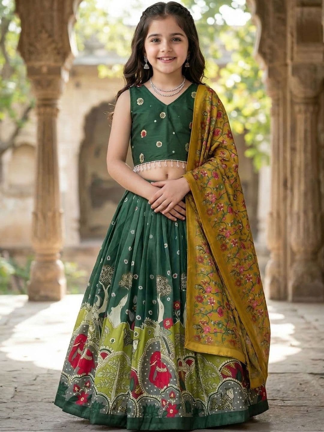 KALINI Girls Embellished Beads and Stones Kalamkari Semi-Stitched Lehenga & Blouse With Dupatta - view 1