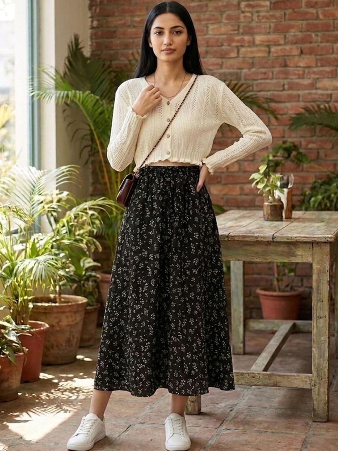 Zucchini Women Chiffon Floral Micro or Ditsy Print Midi A-Line Skirt - view 1