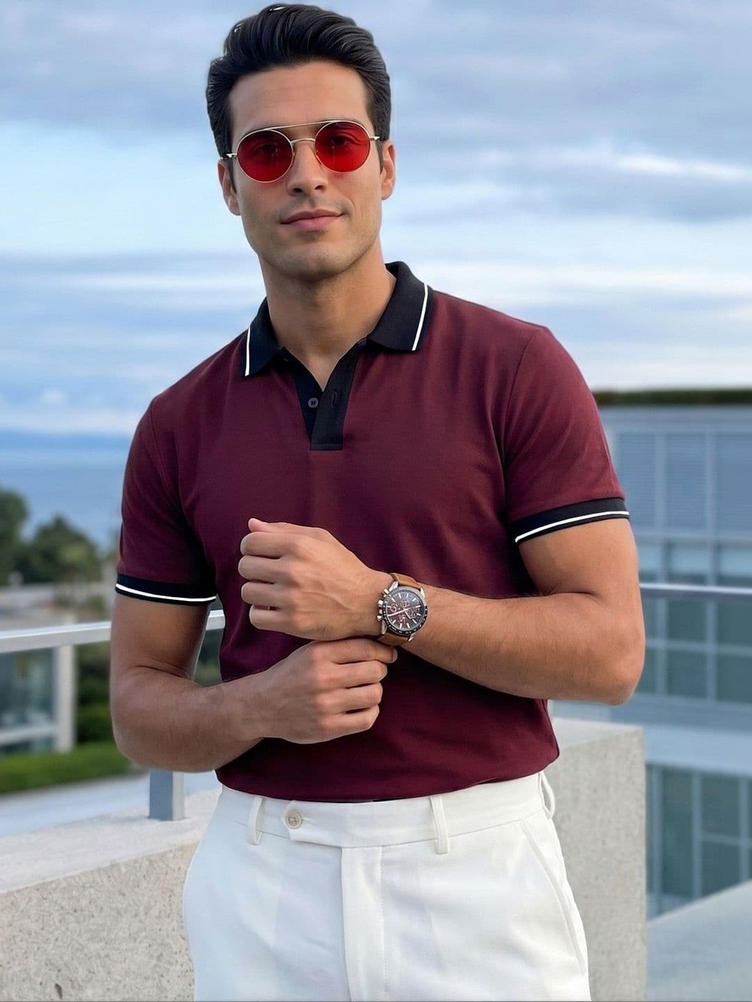 VEIRDO Men Maroon Pique Half Sleeve Polo Tshirt Solid Collar Regular Fit T-shirt - view 1