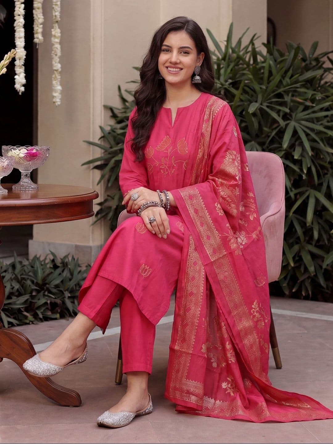 Indo Era Ethnic Motifs Embroidered Thread Work Kurta with Trousers & With Dupatta - view 1