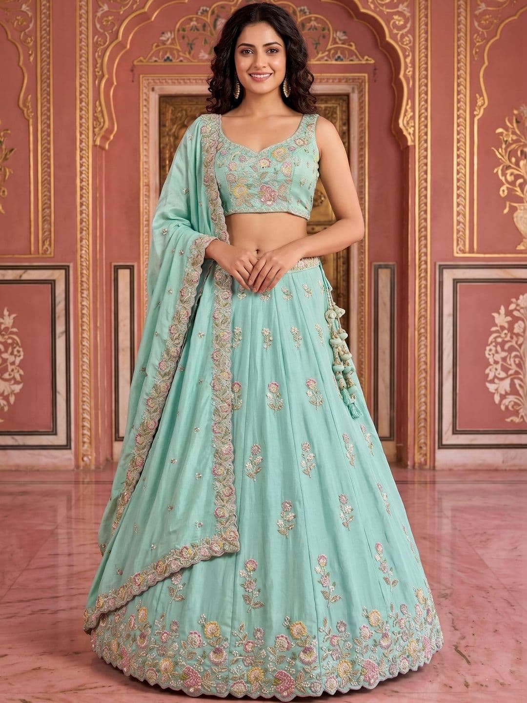 panchhi Embroidered Sequinned Semi-Stitched Lehenga & Unstitched Blouse With Dupatta - view 1