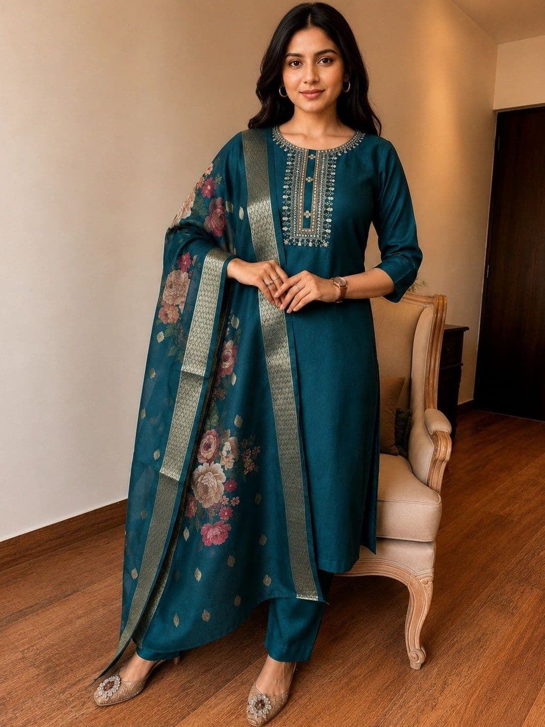 LIZORD FAB Women Floral Embroidered Regular Thread Work Kurta with Trousers & With Dupatta - view 1
