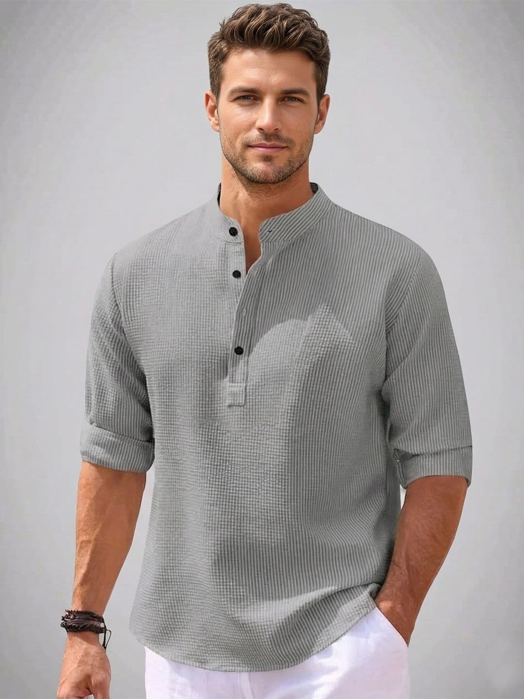 Starvy Men Mandarin Collar Roll-Up Sleeves T-shirt - view 1