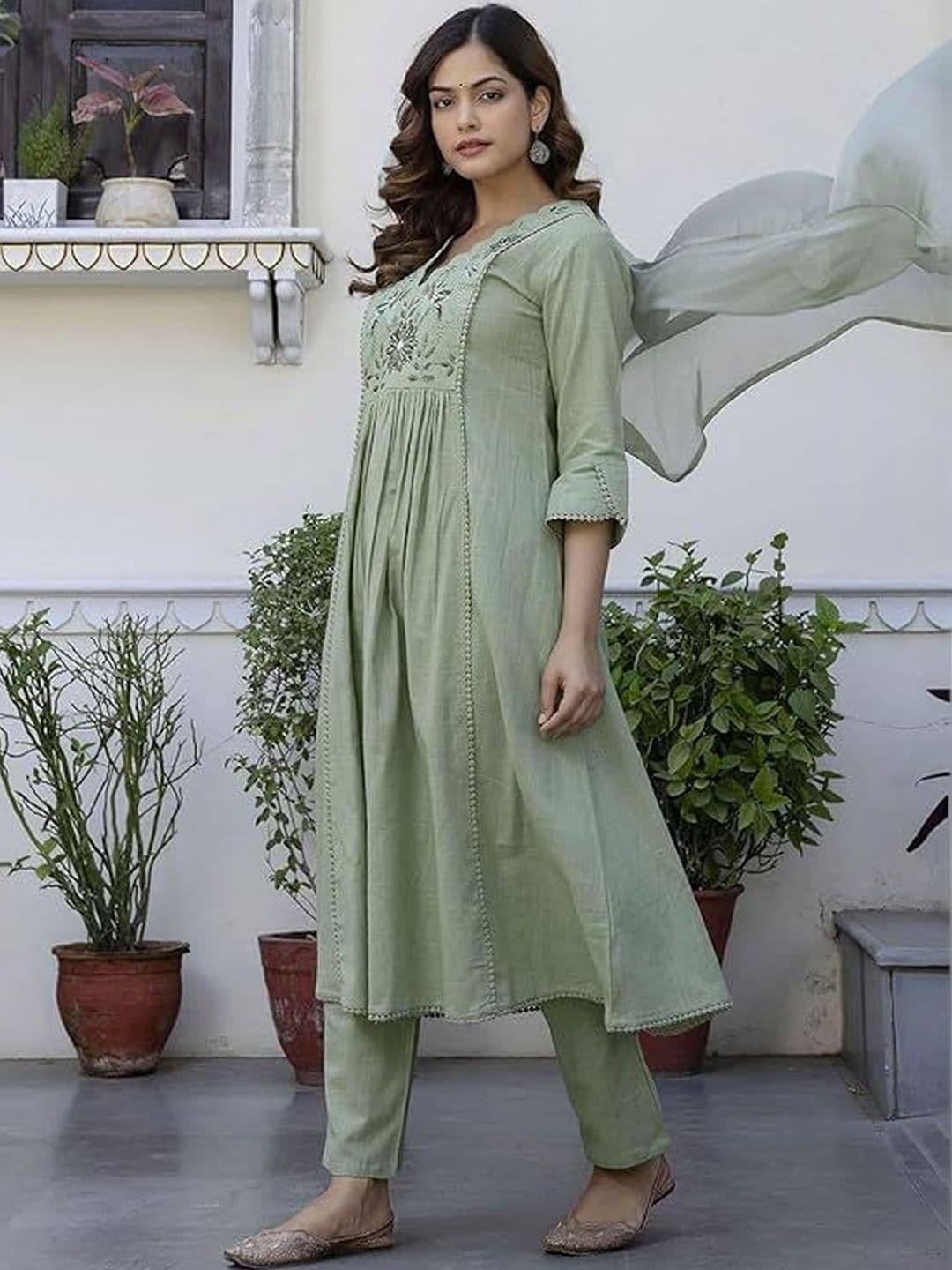 BAESD Women Ethnic Motifs Embroidered Tiered Thread Work Pure Cotton Kurta with Trousers & With Dupatta - view 1
