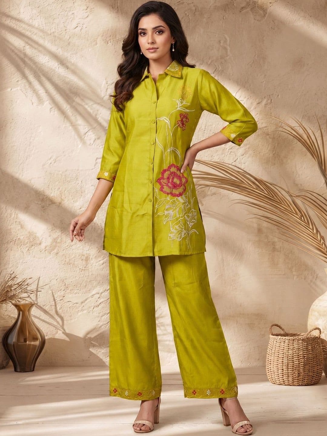Berrylicious Romantic Florals Chanderi Embroidered Shirt with Palazzos - view 1