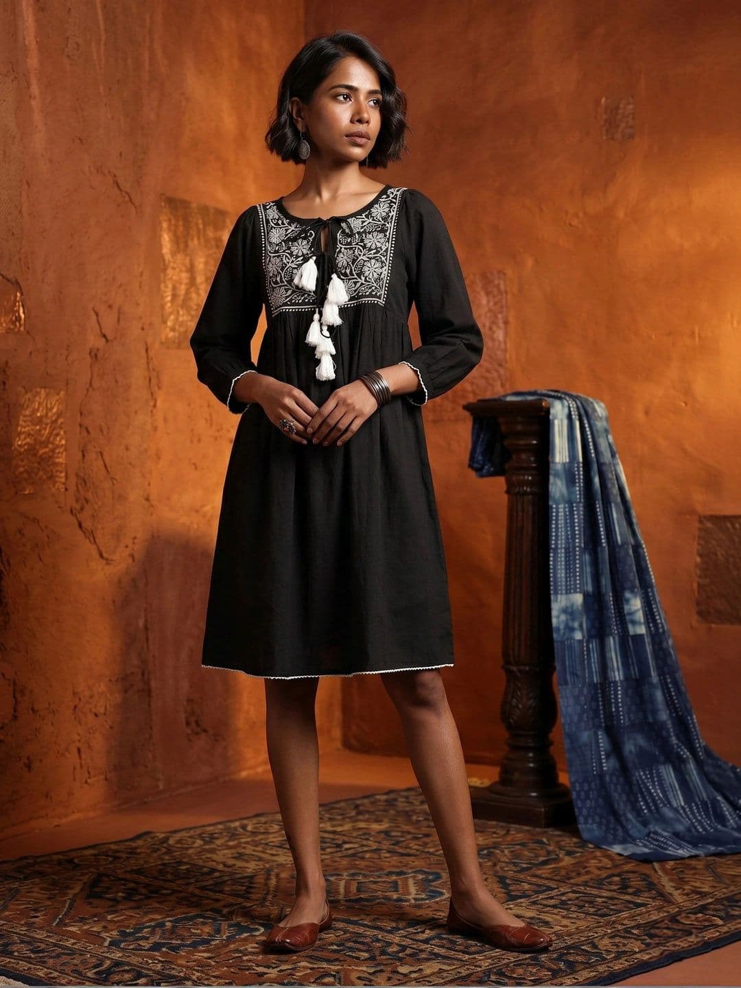 Taavi Floral Embroidered A-Line Cotton Linen Chikankari Ethnic Dress - view 1