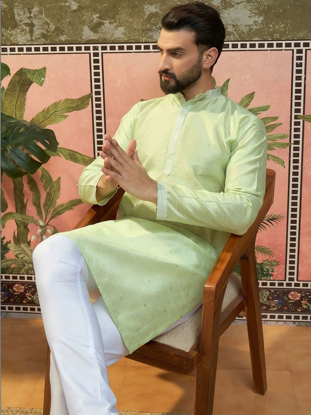 Sangria Woven Design Mandarin Collar Straight Kurta - view 1