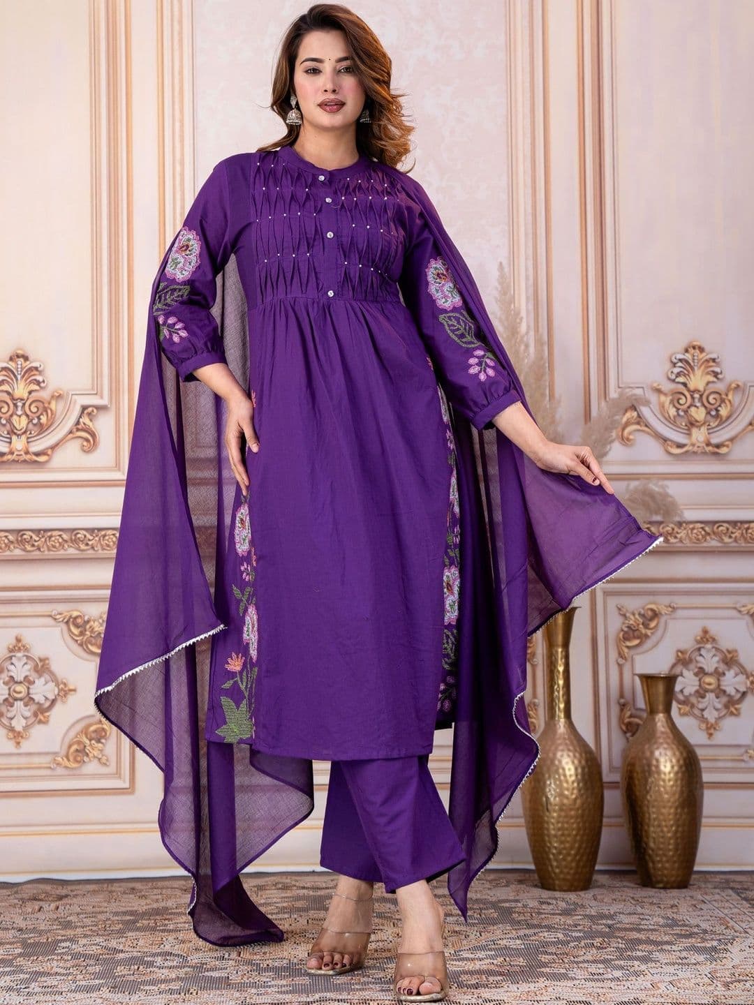 Sangria Embroidered Pure Cotton Mandarin Collar Kurta & Trousers With Dupatta - view 1
