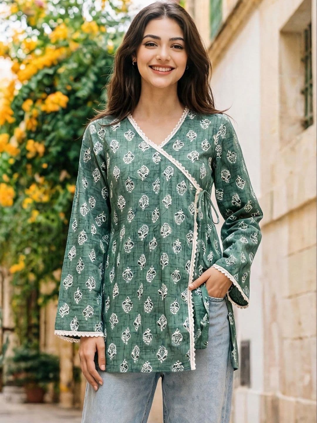 MIKAMI Ethnic Motifs Printed V-Neck Thread Work Thread Work Angrakha Kurti - view 1