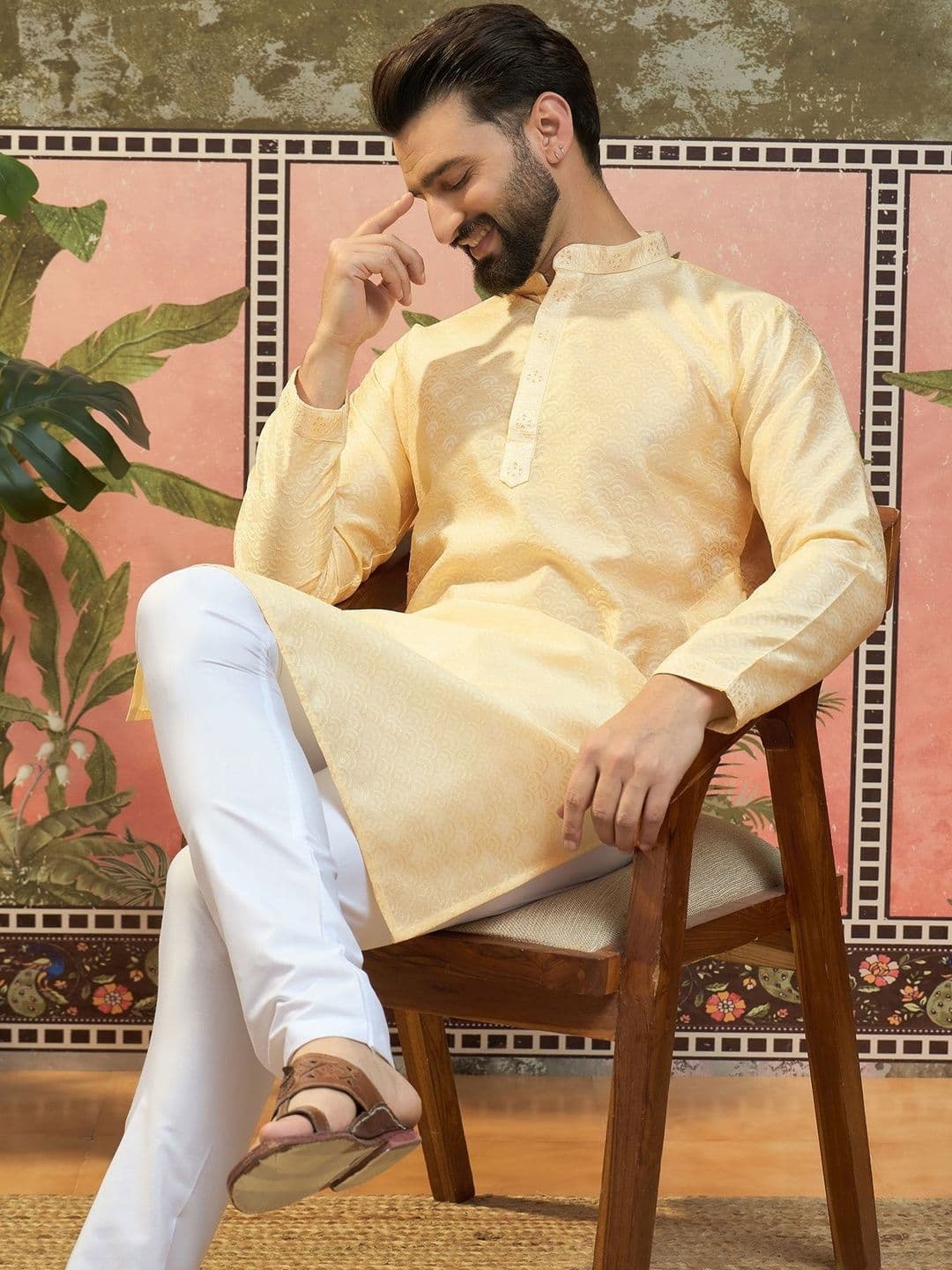 Sangria Woven Design Mandarin Collar Straight Kurta