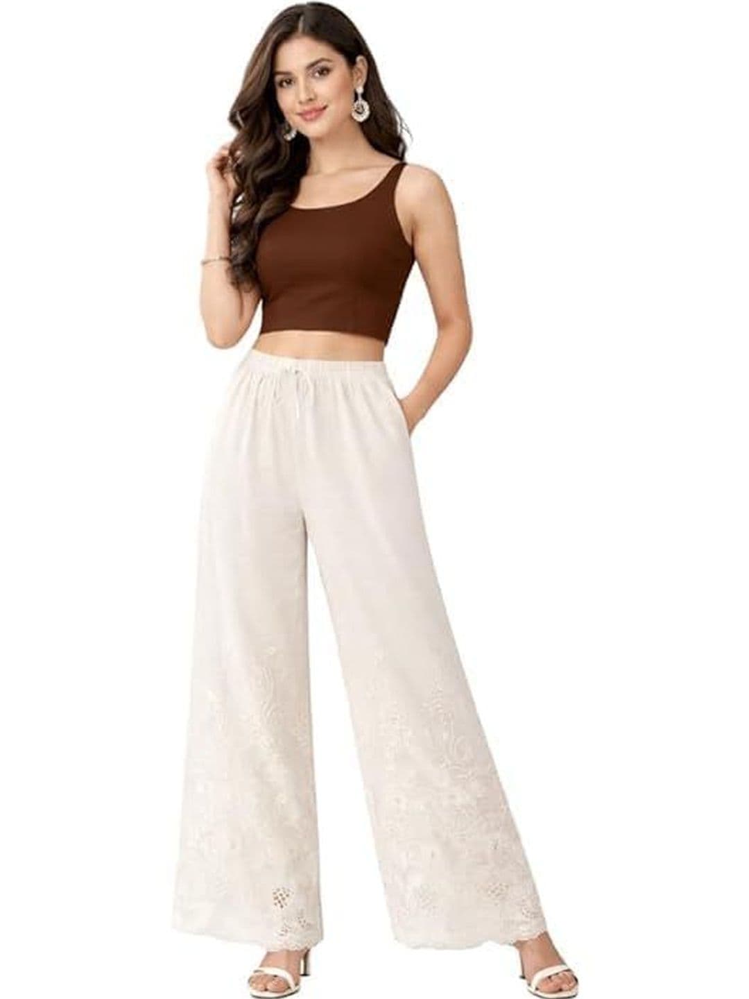KGFONECLOTH Women Floral Embroidered Flared Knitted Ethnic Palazzos - view 1