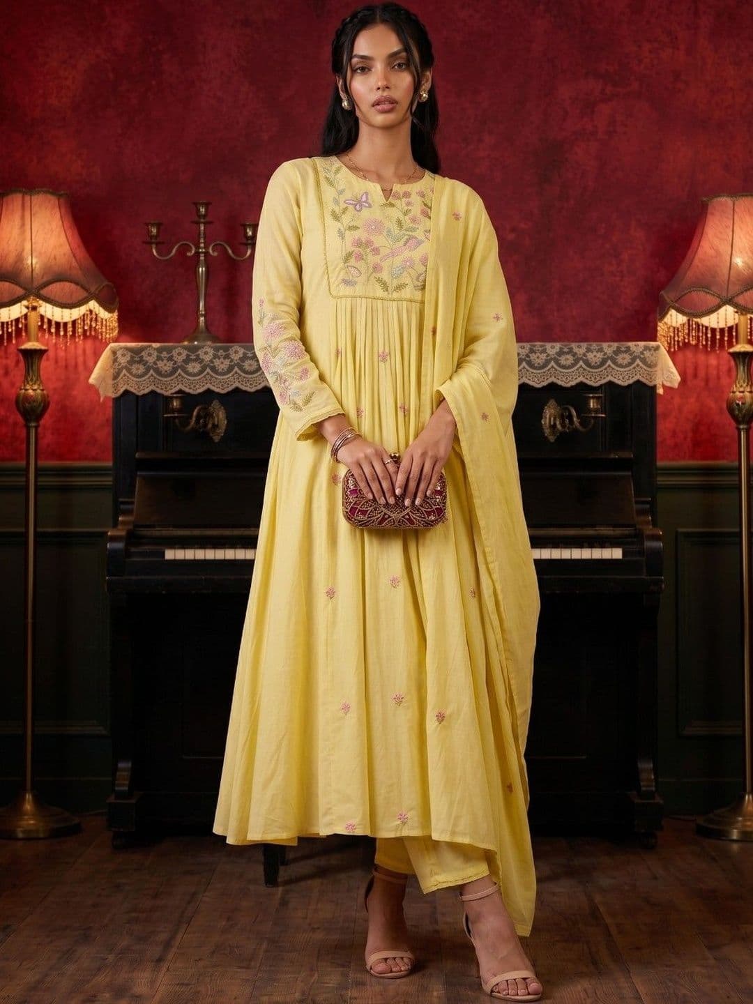 KINDA DESI Women Floral Embroidered Pleated Thread Work Chanderi Silk Kurta with Trousers & With Dupatta - view 1