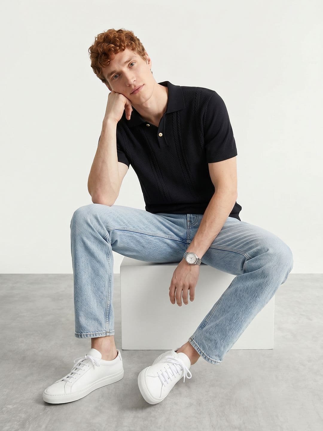 Mast & Harbour Self Design Polo Collar Pure Cotton T-shirt - view 1